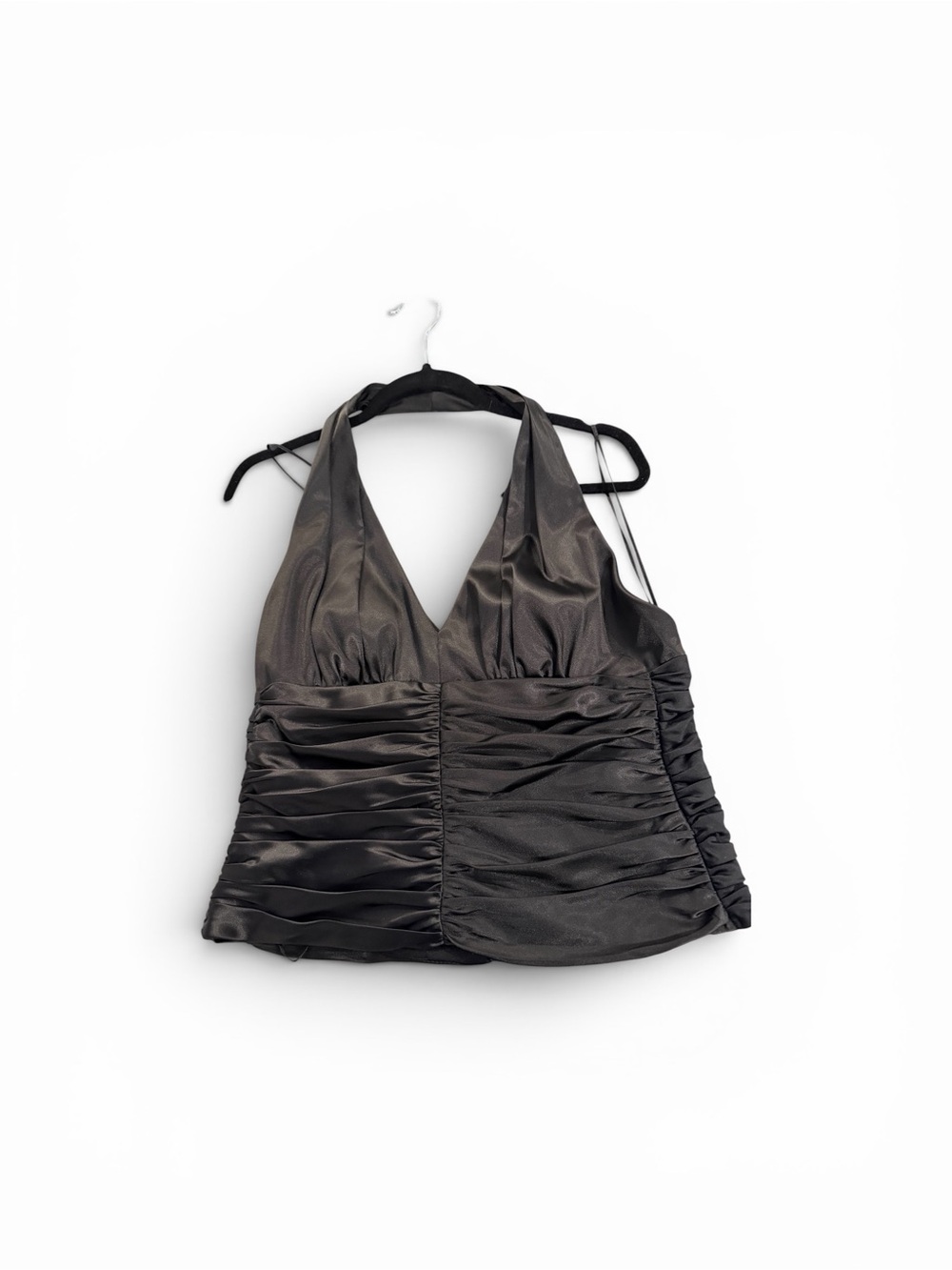 JS Boutique Black Satin Halter Top with Gathered Front